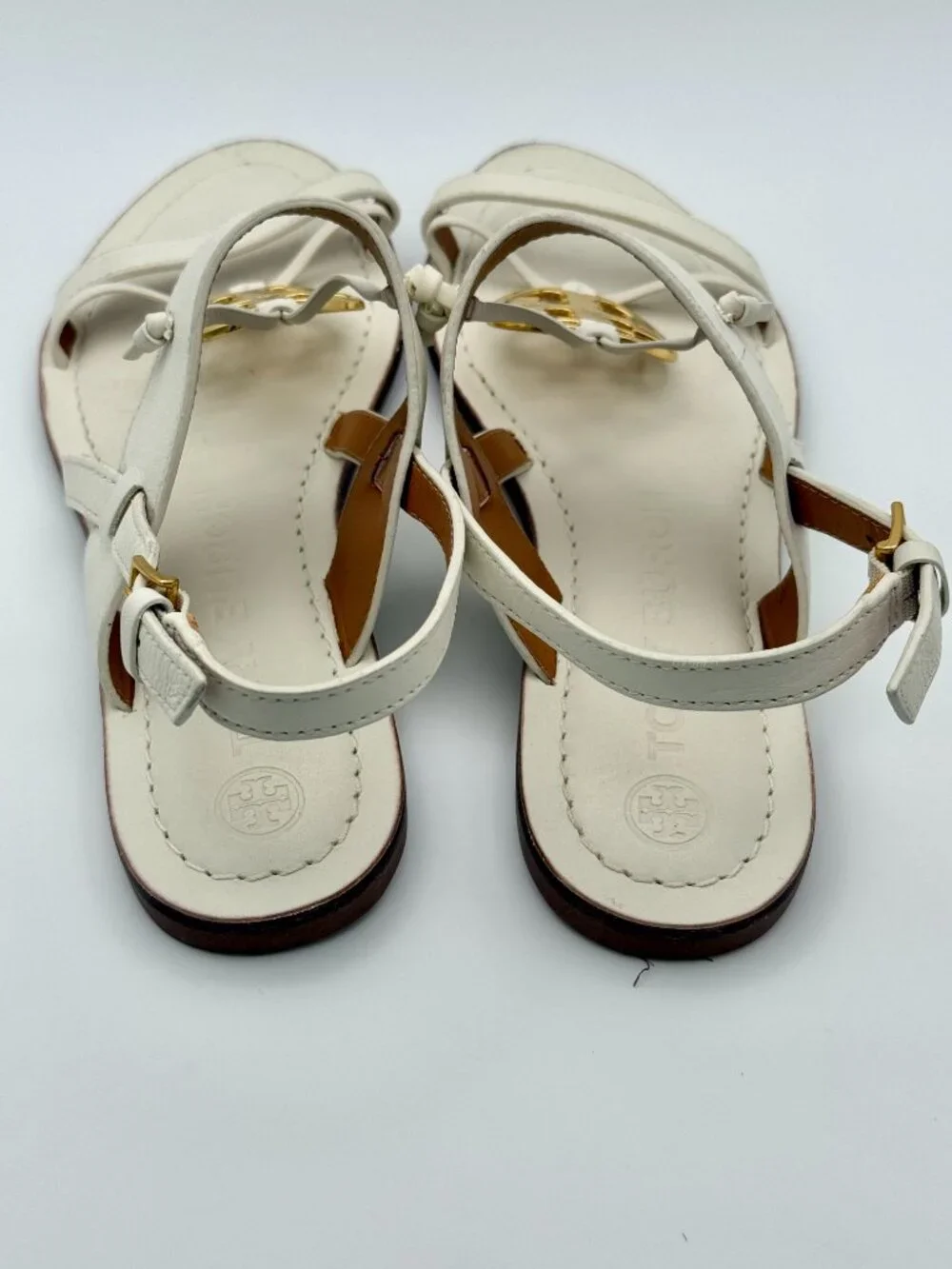 Tory Burch Miller Two-Band Sandals White Leather Gold Logo Size 7 Flat Sandals